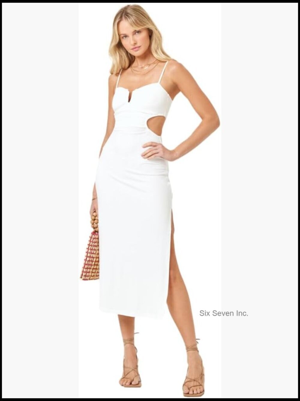 Fitted Ribbed Midi Dress with Adjustable Spaghetti Straps & Waist Cut-Outs